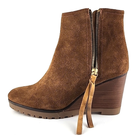 Fabianelli Tan Suede Lined Ankle Boots Almond Toe Stacked Wedge Sole Size 39 - Picture 9 of 16